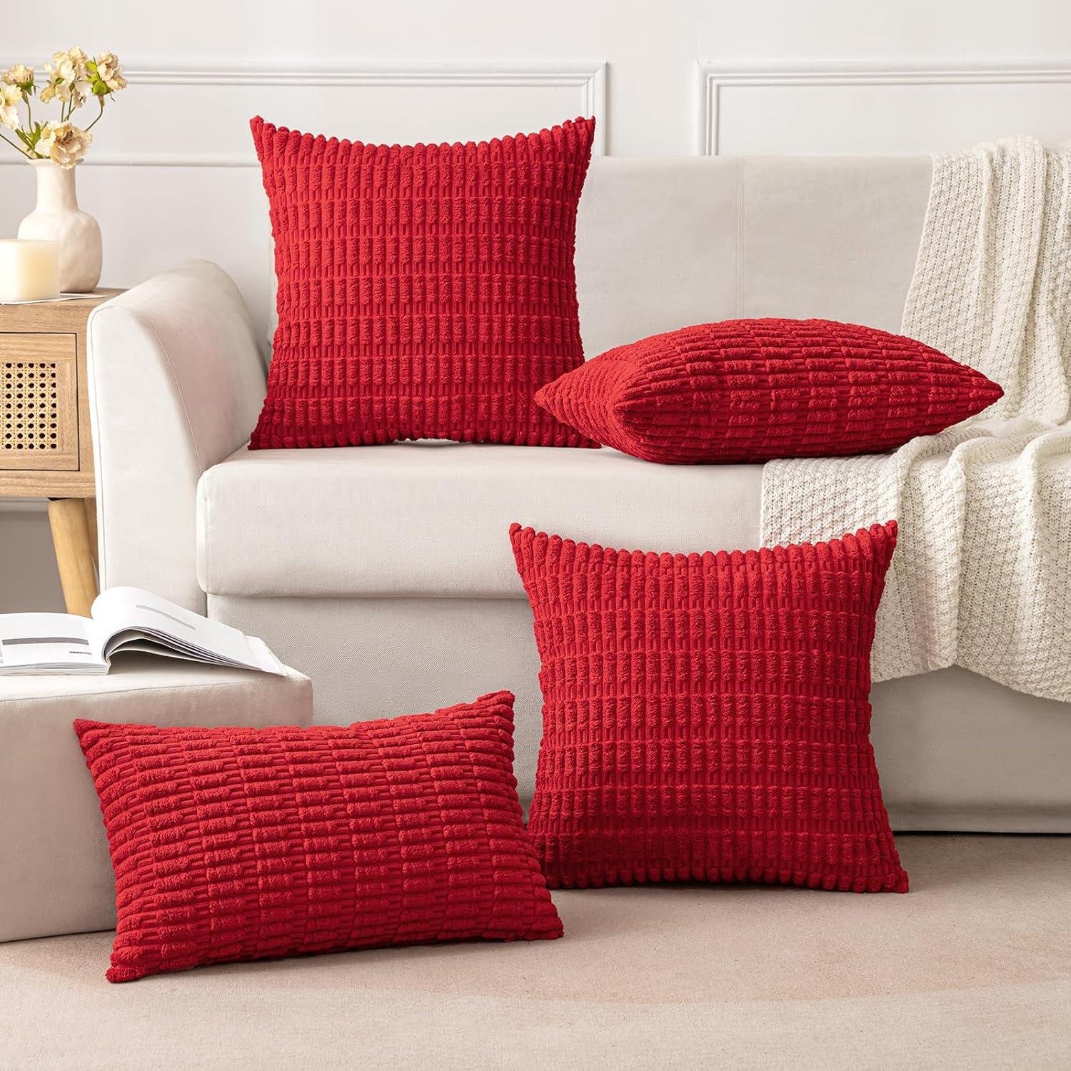 imageMIULEE Pack of 2 Christmas Red Corduroy Decorative Pillow Covers 18x18 Inch Soft Boho Striped Throw Pillow Covers Modern Farmhouse Home Decor for Sofa Living Room Couch BedRed