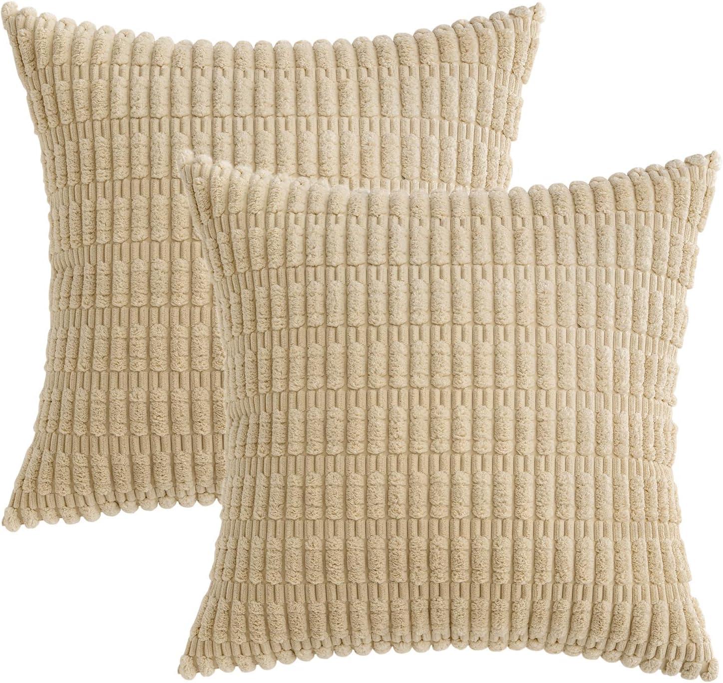 imageMIULEE Pack of 2 Christmas Red Corduroy Decorative Pillow Covers 18x18 Inch Soft Boho Striped Throw Pillow Covers Modern Farmhouse Home Decor for Sofa Living Room Couch BedTan