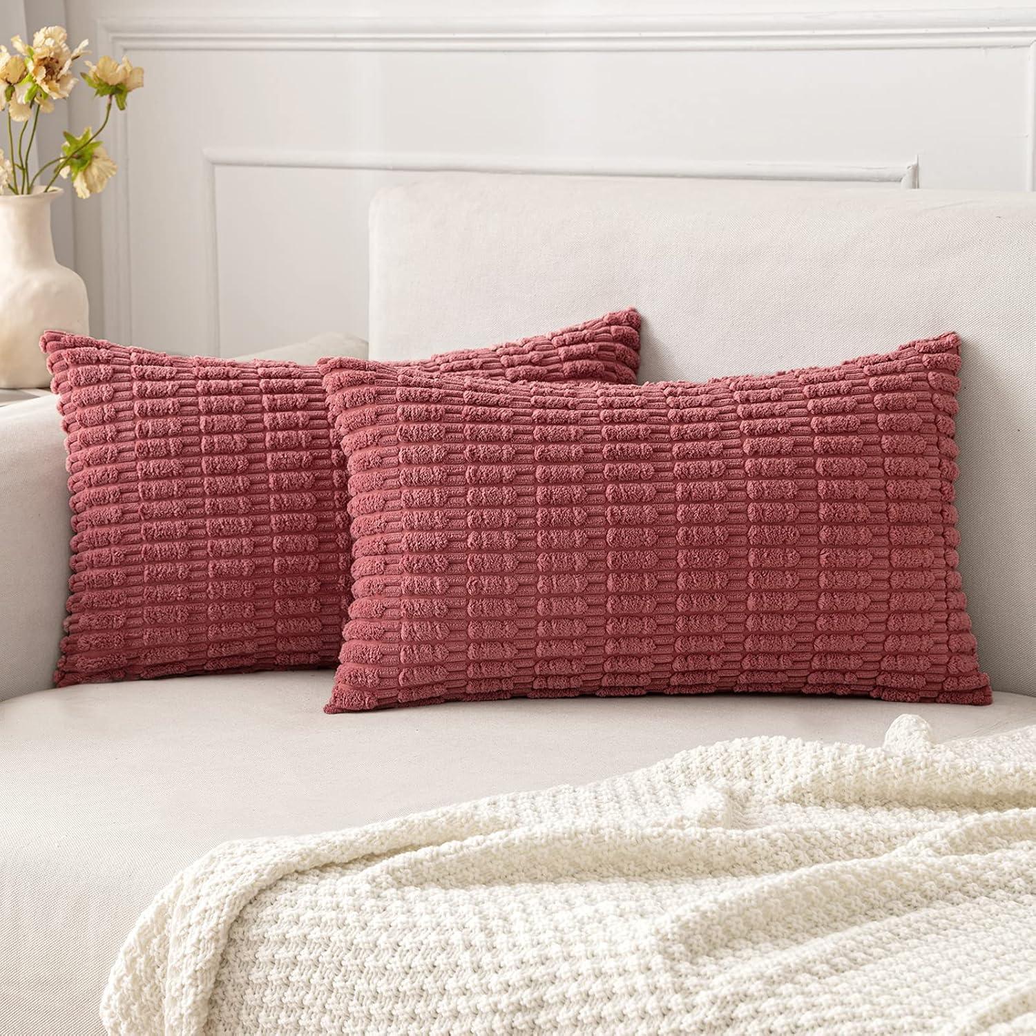 imageMIULEE Pack of 2 Christmas Red Corduroy Decorative Pillow Covers 18x18 Inch Soft Boho Striped Throw Pillow Covers Modern Farmhouse Home Decor for Sofa Living Room Couch BedCranberry Red