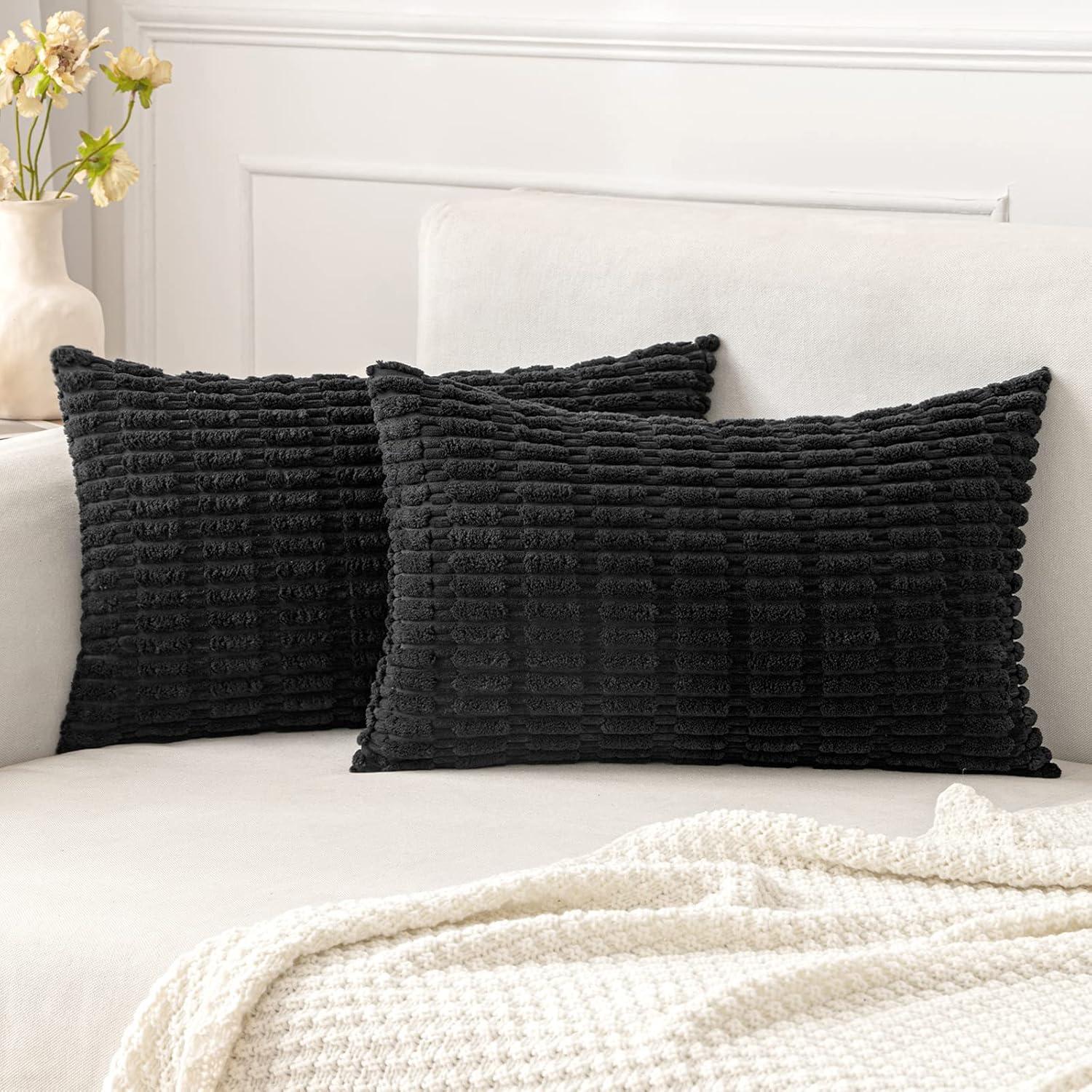 imageMIULEE Pack of 2 Christmas Red Corduroy Decorative Pillow Covers 18x18 Inch Soft Boho Striped Throw Pillow Covers Modern Farmhouse Home Decor for Sofa Living Room Couch BedBlack
