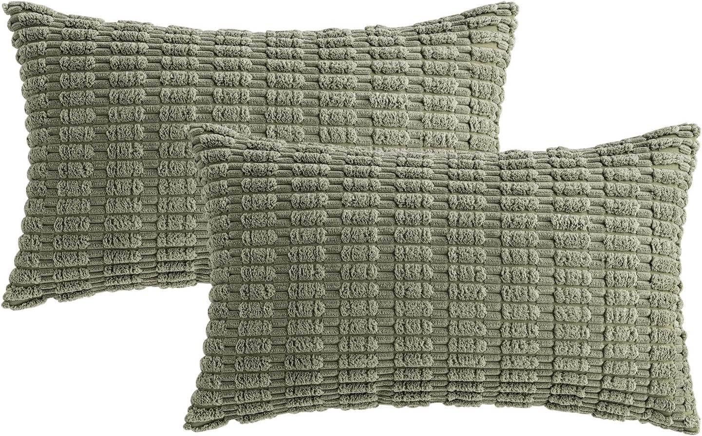 imageMIULEE Pack of 2 Christmas Red Corduroy Decorative Pillow Covers 18x18 Inch Soft Boho Striped Throw Pillow Covers Modern Farmhouse Home Decor for Sofa Living Room Couch BedLight Olive Green