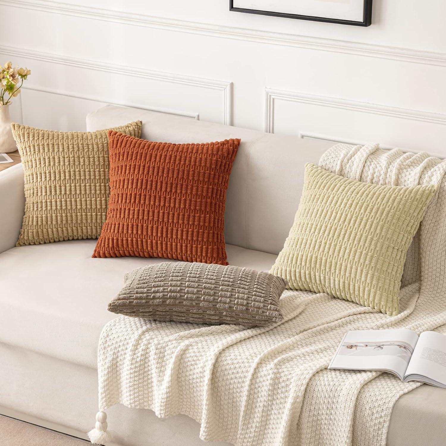 imageMIULEE Pack of 2 Christmas Red Corduroy Decorative Pillow Covers 18x18 Inch Soft Boho Striped Throw Pillow Covers Modern Farmhouse Home Decor for Sofa Living Room Couch BedLight Brown