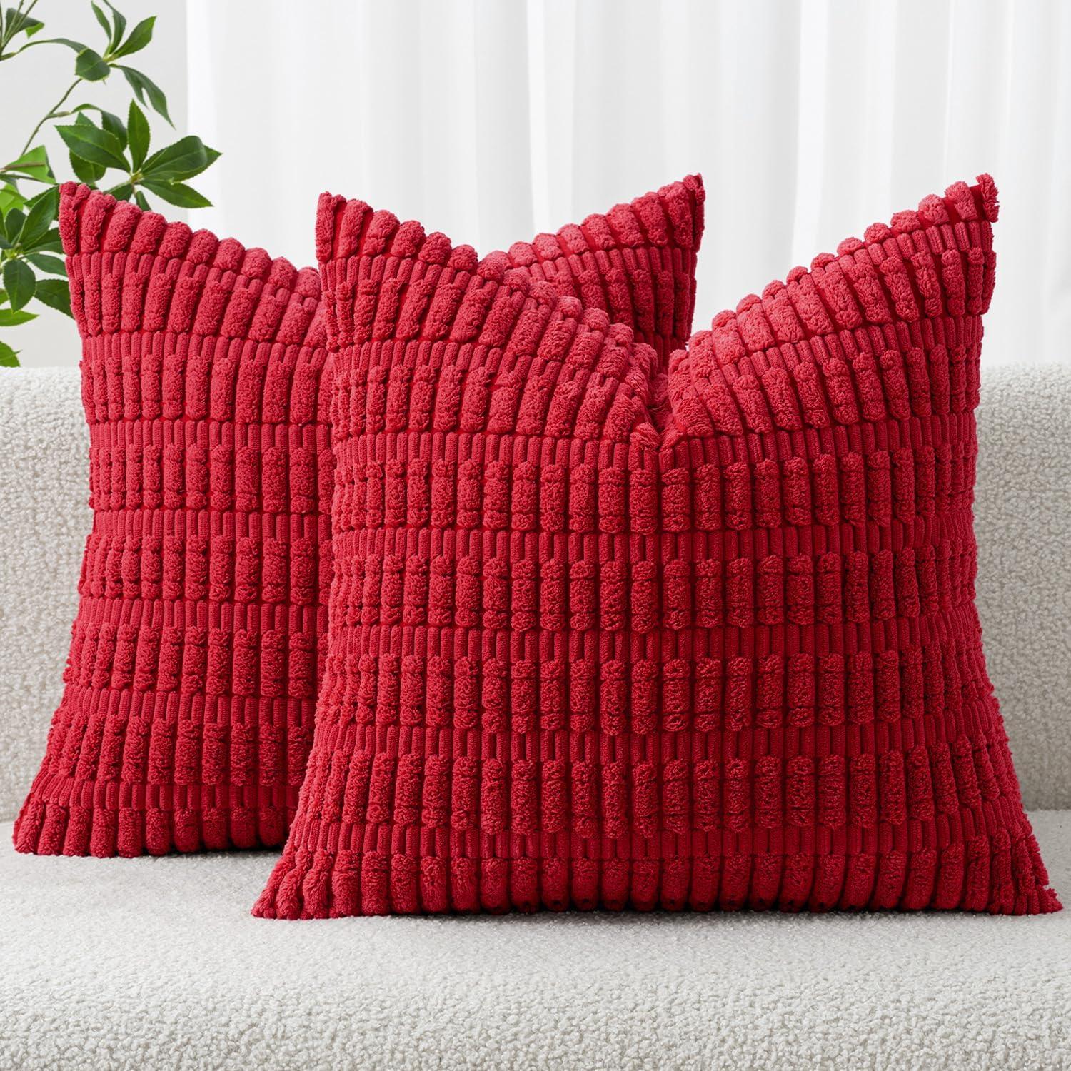 imageMIULEE Pack of 2 Christmas Red Corduroy Decorative Pillow Covers 18x18 Inch Soft Boho Striped Throw Pillow Covers Modern Farmhouse Home Decor for Sofa Living Room Couch BedRed