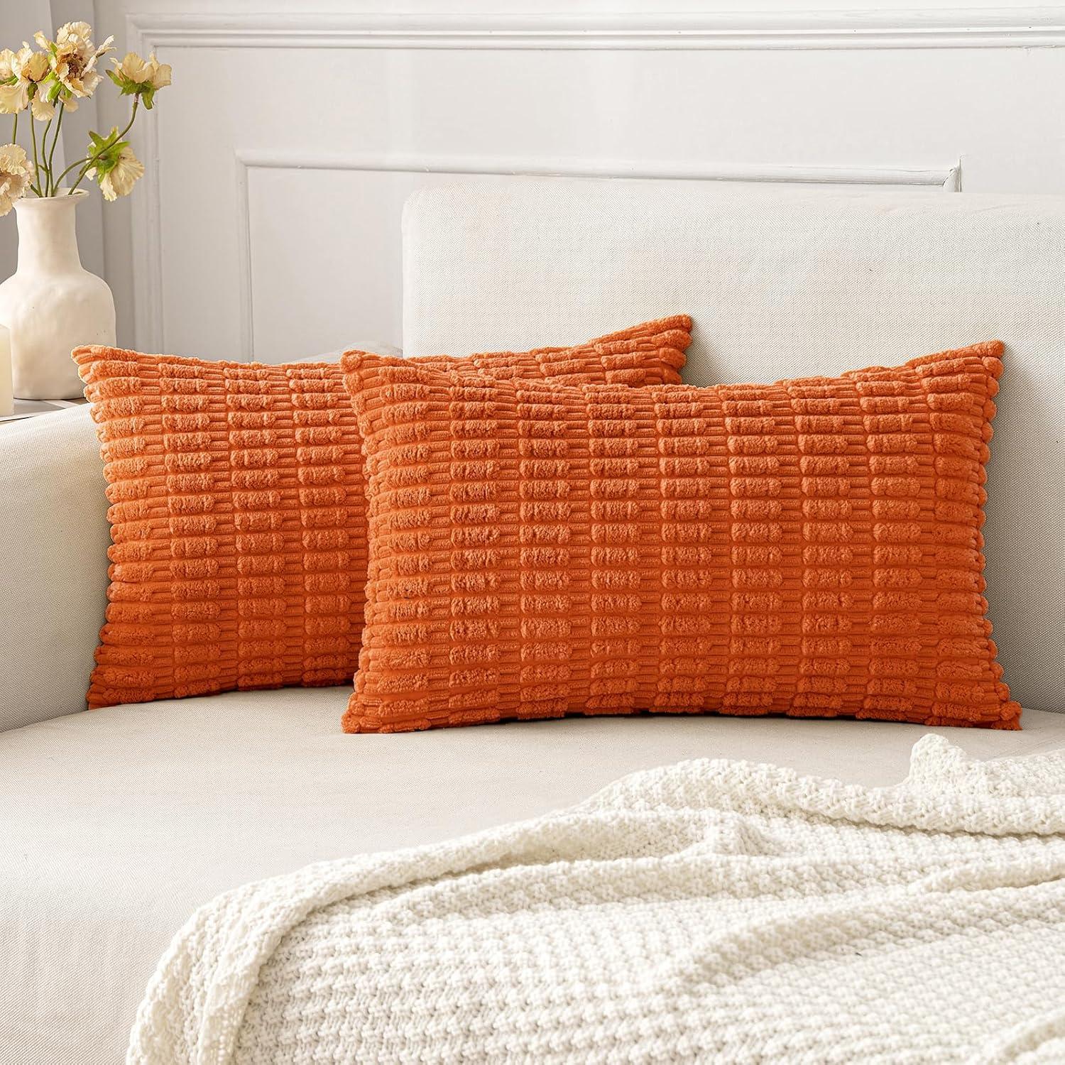 imageMIULEE Pack of 2 Christmas Red Corduroy Decorative Pillow Covers 18x18 Inch Soft Boho Striped Throw Pillow Covers Modern Farmhouse Home Decor for Sofa Living Room Couch BedOrange