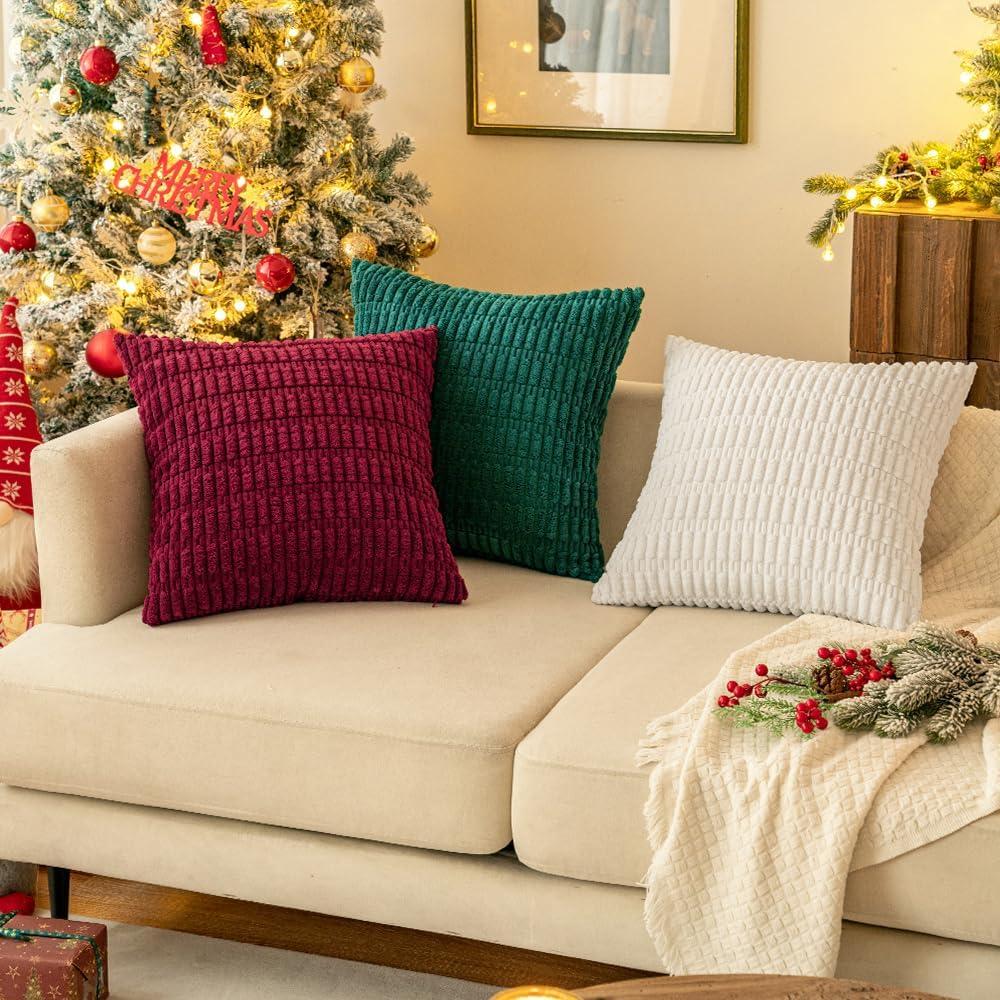 imageMIULEE Pack of 2 Christmas Red Corduroy Decorative Pillow Covers 18x18 Inch Soft Boho Striped Throw Pillow Covers Modern Farmhouse Home Decor for Sofa Living Room Couch BedBurgundy