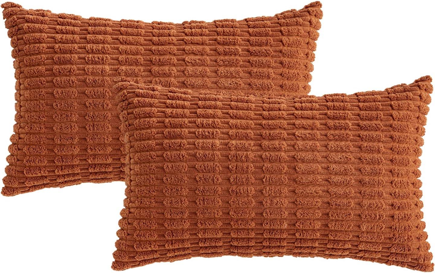 imageMIULEE Pack of 2 Christmas Red Corduroy Decorative Pillow Covers 18x18 Inch Soft Boho Striped Throw Pillow Covers Modern Farmhouse Home Decor for Sofa Living Room Couch BedRust