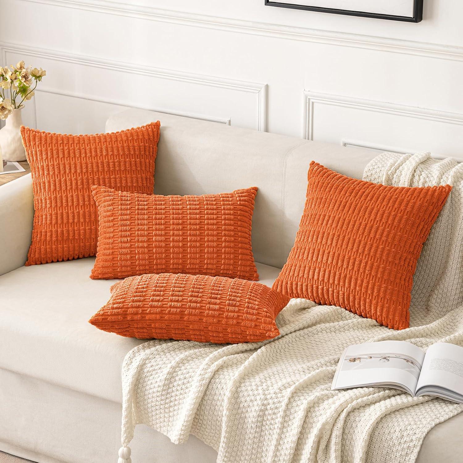 imageMIULEE Pack of 2 Christmas Red Corduroy Decorative Pillow Covers 18x18 Inch Soft Boho Striped Throw Pillow Covers Modern Farmhouse Home Decor for Sofa Living Room Couch BedOrange