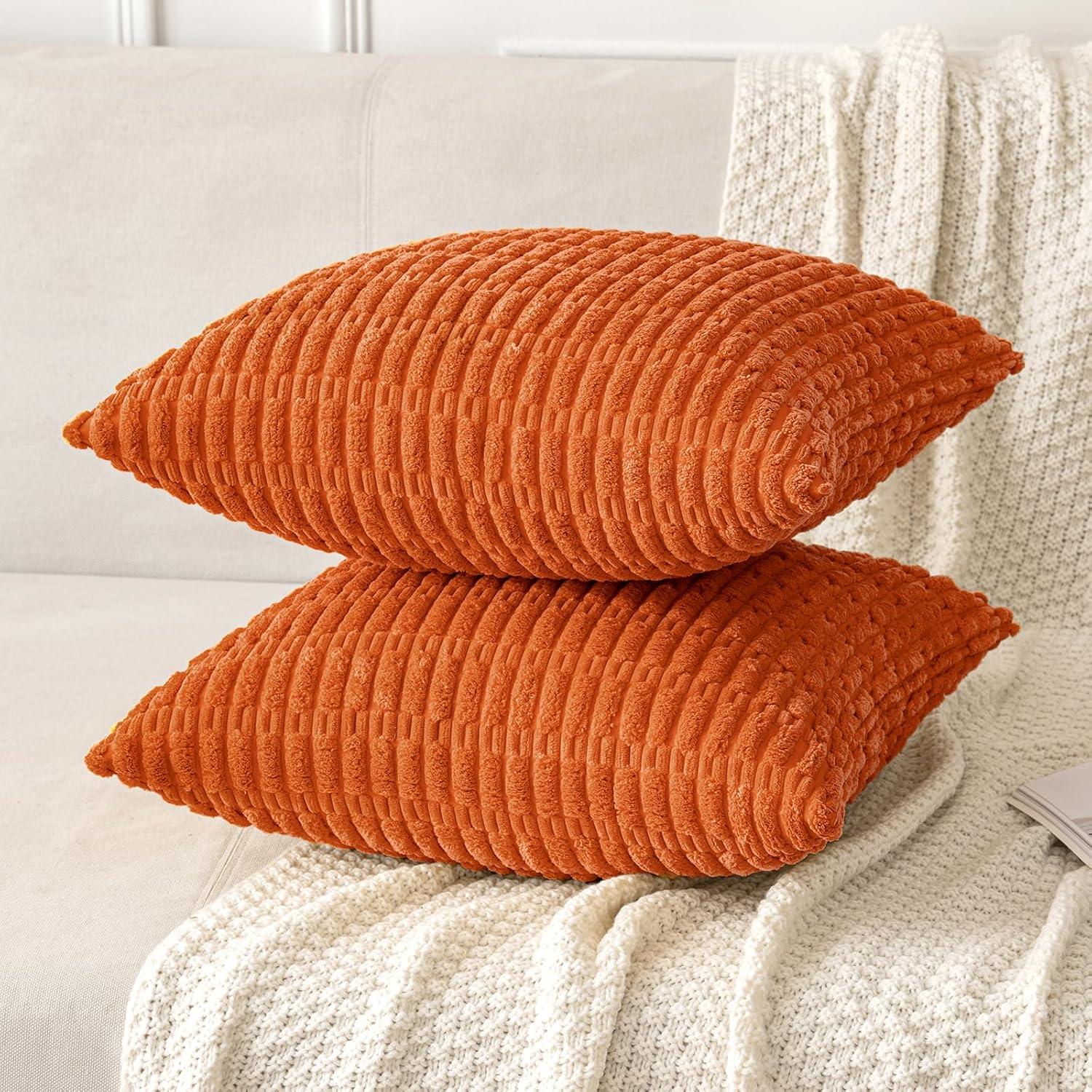 imageMIULEE Pack of 2 Christmas Red Corduroy Decorative Pillow Covers 18x18 Inch Soft Boho Striped Throw Pillow Covers Modern Farmhouse Home Decor for Sofa Living Room Couch BedOrange