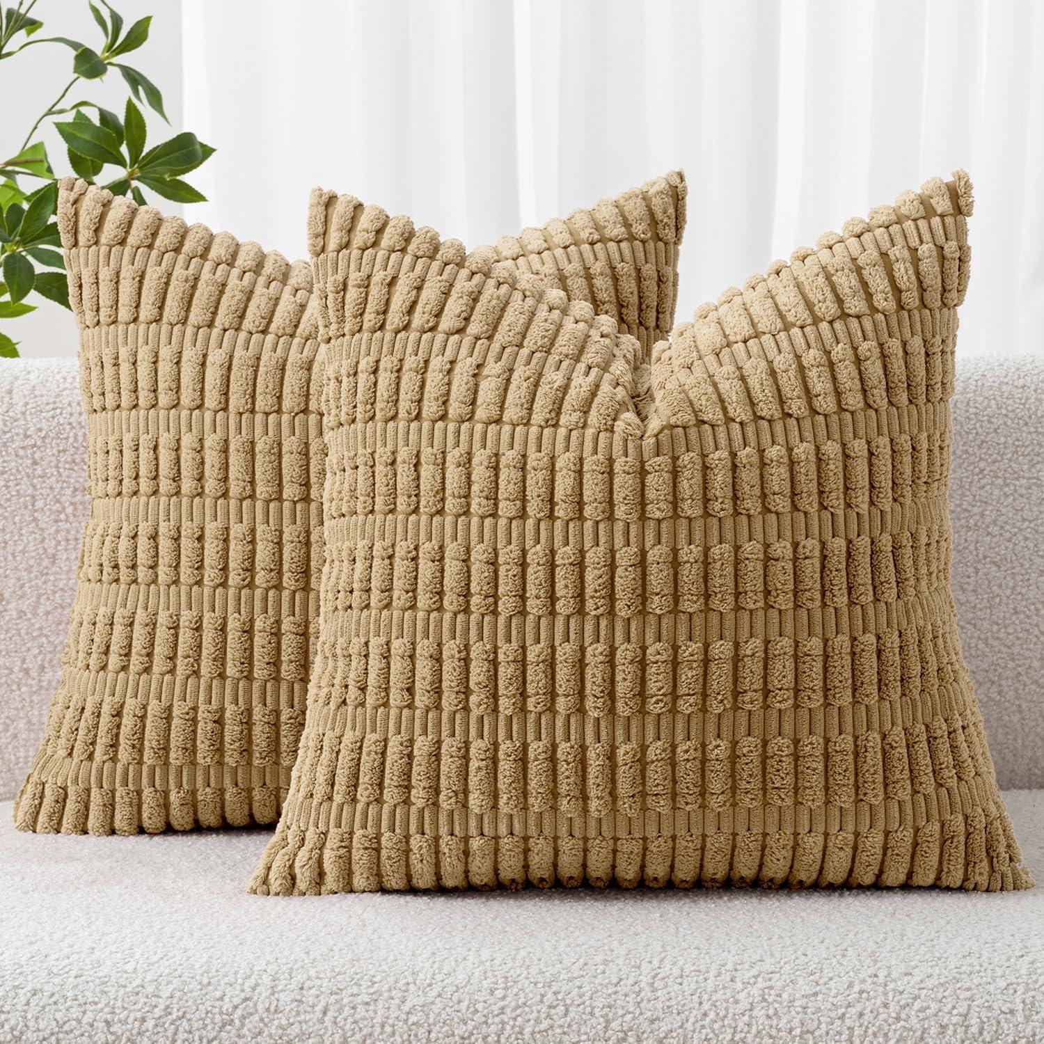 imageMIULEE Pack of 2 Christmas Red Corduroy Decorative Pillow Covers 18x18 Inch Soft Boho Striped Throw Pillow Covers Modern Farmhouse Home Decor for Sofa Living Room Couch BedKhaki