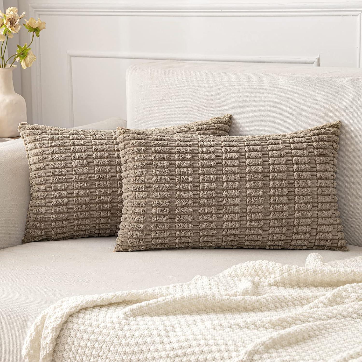 imageMIULEE Pack of 2 Christmas Red Corduroy Decorative Pillow Covers 18x18 Inch Soft Boho Striped Throw Pillow Covers Modern Farmhouse Home Decor for Sofa Living Room Couch BedLight Brown