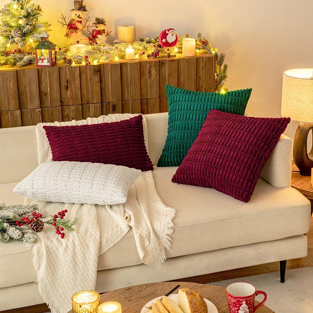 imageMIULEE Pack of 2 Christmas Red Corduroy Decorative Pillow Covers 18x18 Inch Soft Boho Striped Throw Pillow Covers Modern Farmhouse Home Decor for Sofa Living Room Couch BedBurgundy