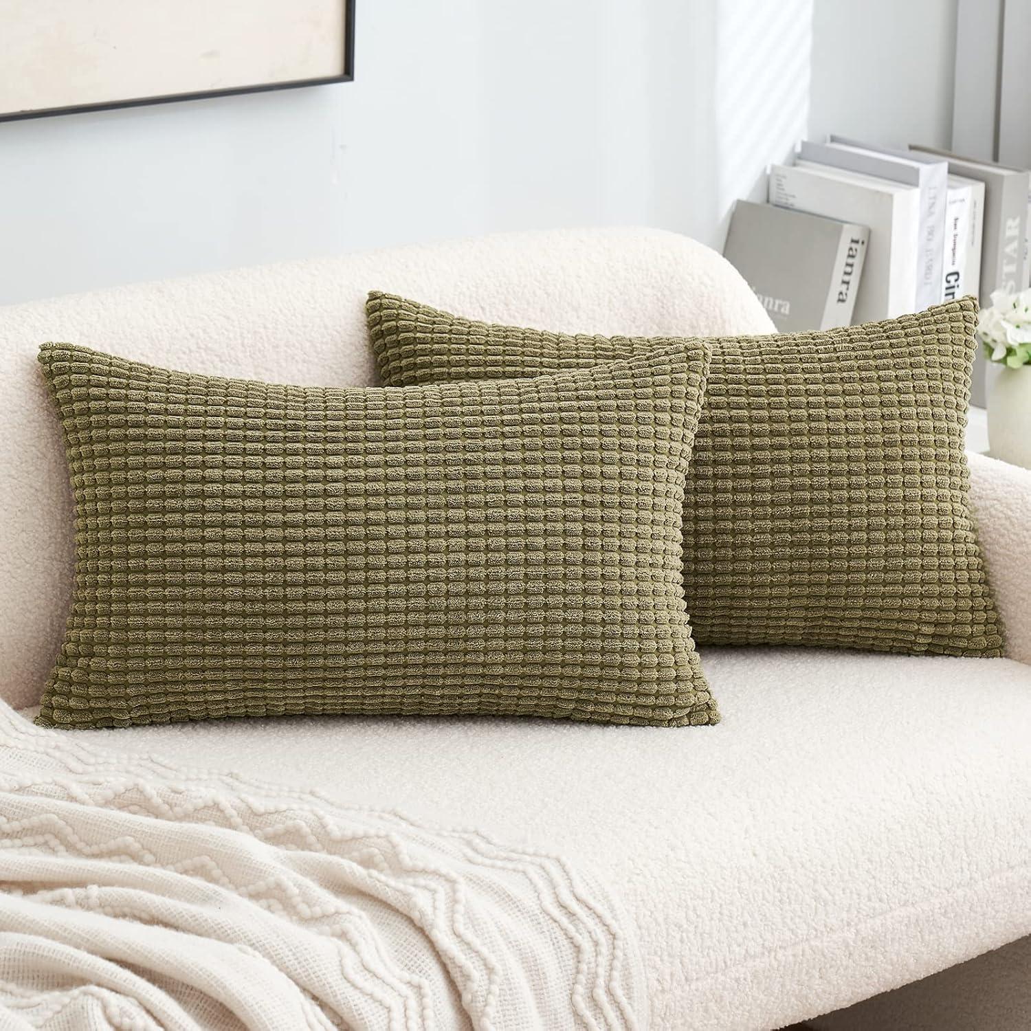 imageMIULEE Pack of 2 Corduroy Soft Soild Decorative Square Throw Pillow Covers Set Cushion Case for Sofa Bedroom Car 12x20 Inch Inch 30 x 50 cmOlive Green