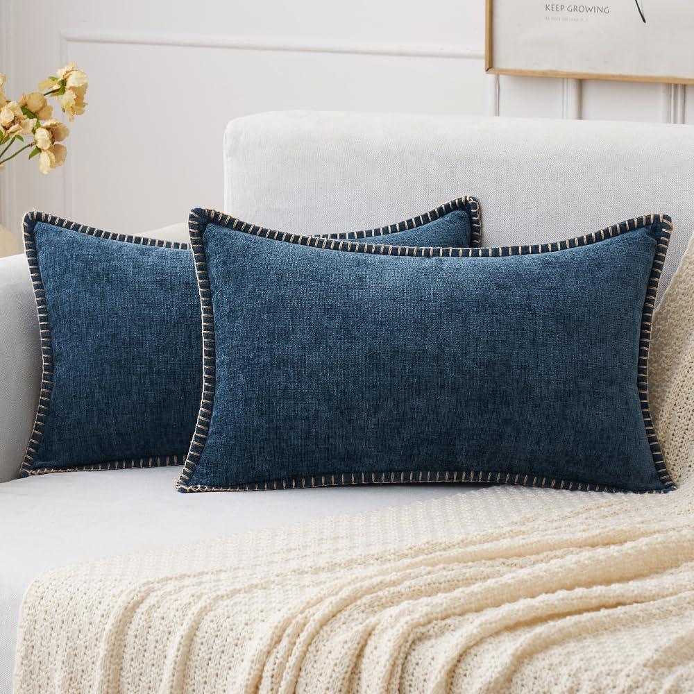 imageMIULEE Pack of 2 Couch Throw Pillow Covers 18x18 Inch Coastal Aqua Blue Farmhouse Decorative Pillow Covers with Stitched Edge Soft Chenille Solid Dyed Spring Pillow Covers for Sofa Bed Living RoomDark Blue