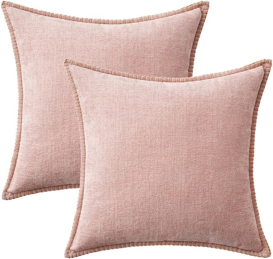 imageMIULEE Pack of 2 Couch Throw Pillow Covers 18x18 Inch Coastal Aqua Blue Farmhouse Decorative Pillow Covers with Stitched Edge Soft Chenille Solid Dyed Spring Pillow Covers for Sofa Bed Living RoomPink