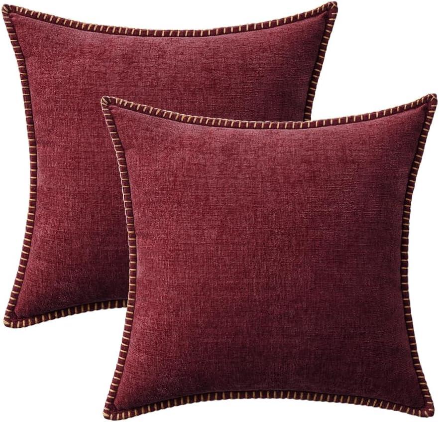 imageMIULEE Pack of 2 Couch Throw Pillow Covers 18x18 Inch Coastal Aqua Blue Farmhouse Decorative Pillow Covers with Stitched Edge Soft Chenille Solid Dyed Spring Pillow Covers for Sofa Bed Living RoomBurgundy Red