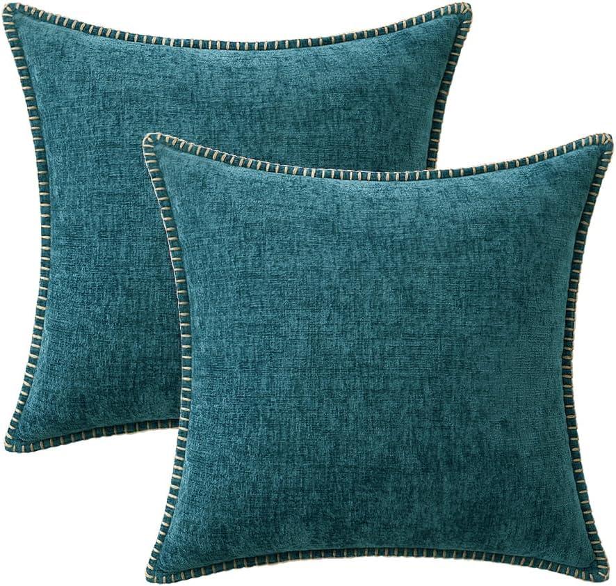 imageMIULEE Pack of 2 Couch Throw Pillow Covers 18x18 Inch Coastal Aqua Blue Farmhouse Decorative Pillow Covers with Stitched Edge Soft Chenille Solid Dyed Spring Pillow Covers for Sofa Bed Living RoomDark Teal