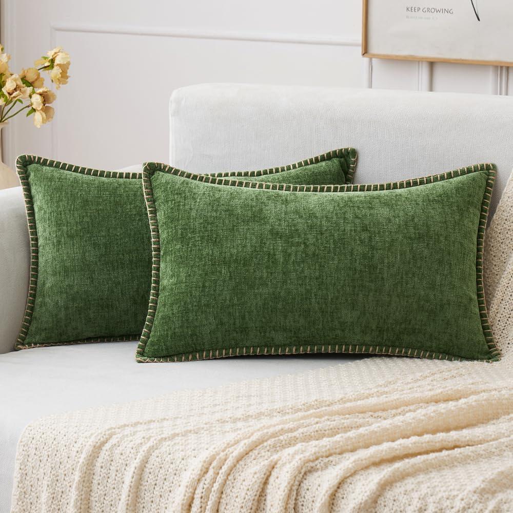 imageMIULEE Pack of 2 Couch Throw Pillow Covers 18x18 Inch Coastal Aqua Blue Farmhouse Decorative Pillow Covers with Stitched Edge Soft Chenille Solid Dyed Spring Pillow Covers for Sofa Bed Living RoomMoss Green