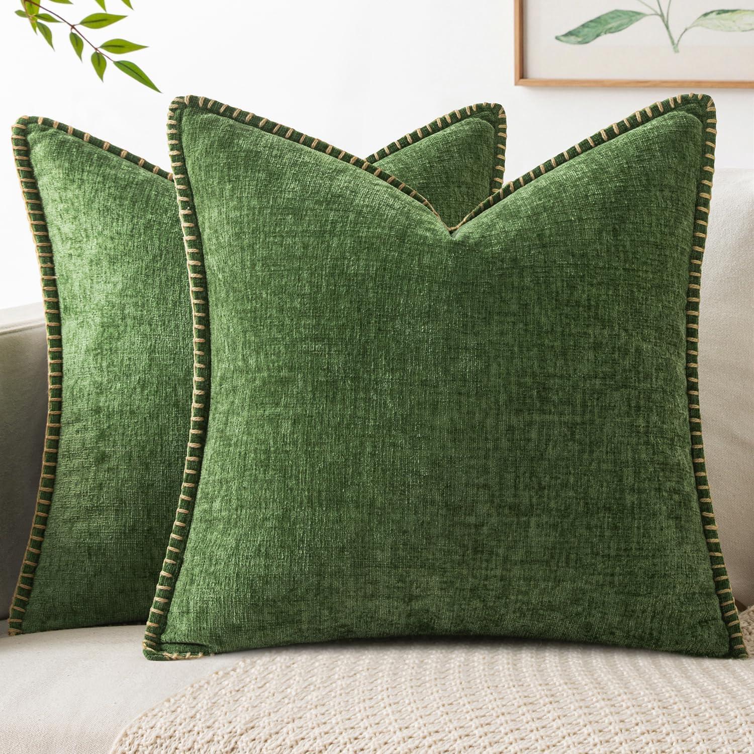 imageMIULEE Pack of 2 Couch Throw Pillow Covers 18x18 Inch Coastal Aqua Blue Farmhouse Decorative Pillow Covers with Stitched Edge Soft Chenille Solid Dyed Spring Pillow Covers for Sofa Bed Living RoomMoss Green