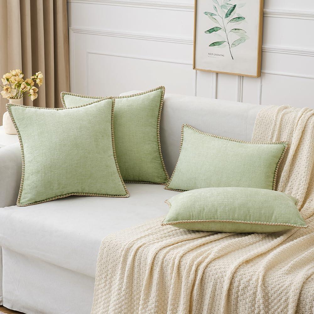 imageMIULEE Pack of 2 Couch Throw Pillow Covers 18x18 Inch Coastal Aqua Blue Farmhouse Decorative Pillow Covers with Stitched Edge Soft Chenille Solid Dyed Spring Pillow Covers for Sofa Bed Living RoomLight Green