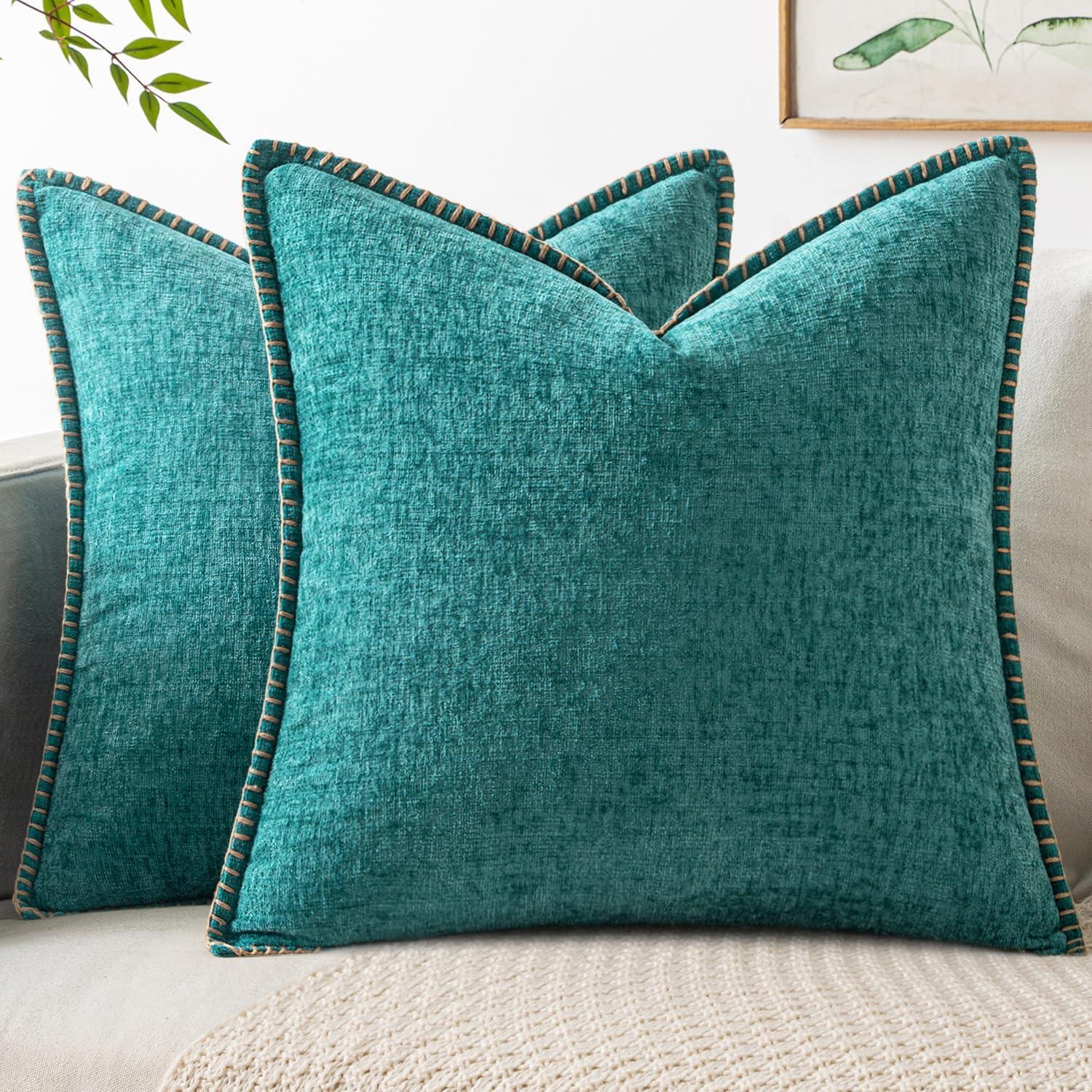 imageMIULEE Pack of 2 Couch Throw Pillow Covers 18x18 Inch Coastal Aqua Blue Farmhouse Decorative Pillow Covers with Stitched Edge Soft Chenille Solid Dyed Spring Pillow Covers for Sofa Bed Living RoomTeal