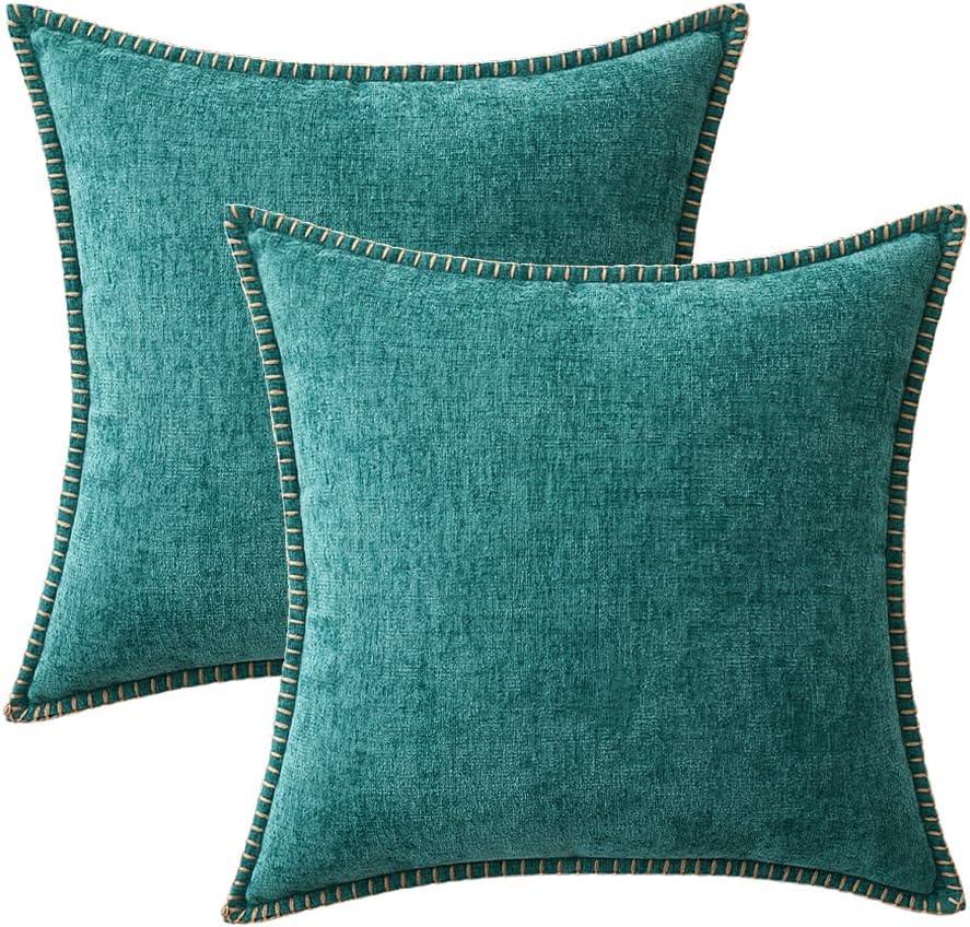 imageMIULEE Pack of 2 Couch Throw Pillow Covers 18x18 Inch Coastal Aqua Blue Farmhouse Decorative Pillow Covers with Stitched Edge Soft Chenille Solid Dyed Spring Pillow Covers for Sofa Bed Living RoomTeal