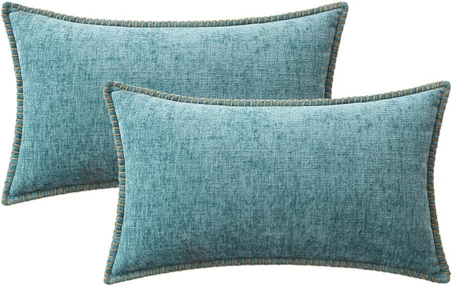 imageMIULEE Pack of 2 Couch Throw Pillow Covers 18x18 Inch Coastal Aqua Blue Farmhouse Decorative Pillow Covers with Stitched Edge Soft Chenille Solid Dyed Spring Pillow Covers for Sofa Bed Living RoomSmoke Blue