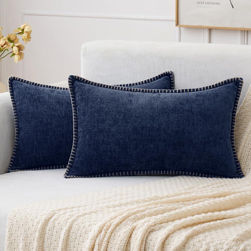 imageMIULEE Pack of 2 Couch Throw Pillow Covers 18x18 Inch Coastal Aqua Blue Farmhouse Decorative Pillow Covers with Stitched Edge Soft Chenille Solid Dyed Spring Pillow Covers for Sofa Bed Living RoomNavy Blue