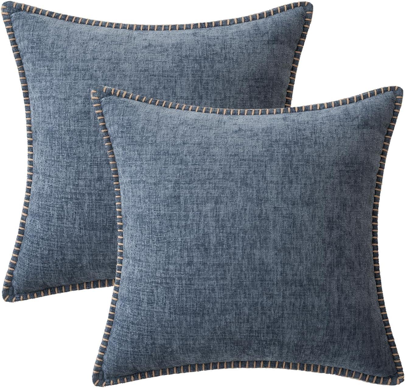 imageMIULEE Pack of 2 Couch Throw Pillow Covers 18x18 Inch Coastal Aqua Blue Farmhouse Decorative Pillow Covers with Stitched Edge Soft Chenille Solid Dyed Spring Pillow Covers for Sofa Bed Living RoomDark Grey Blue