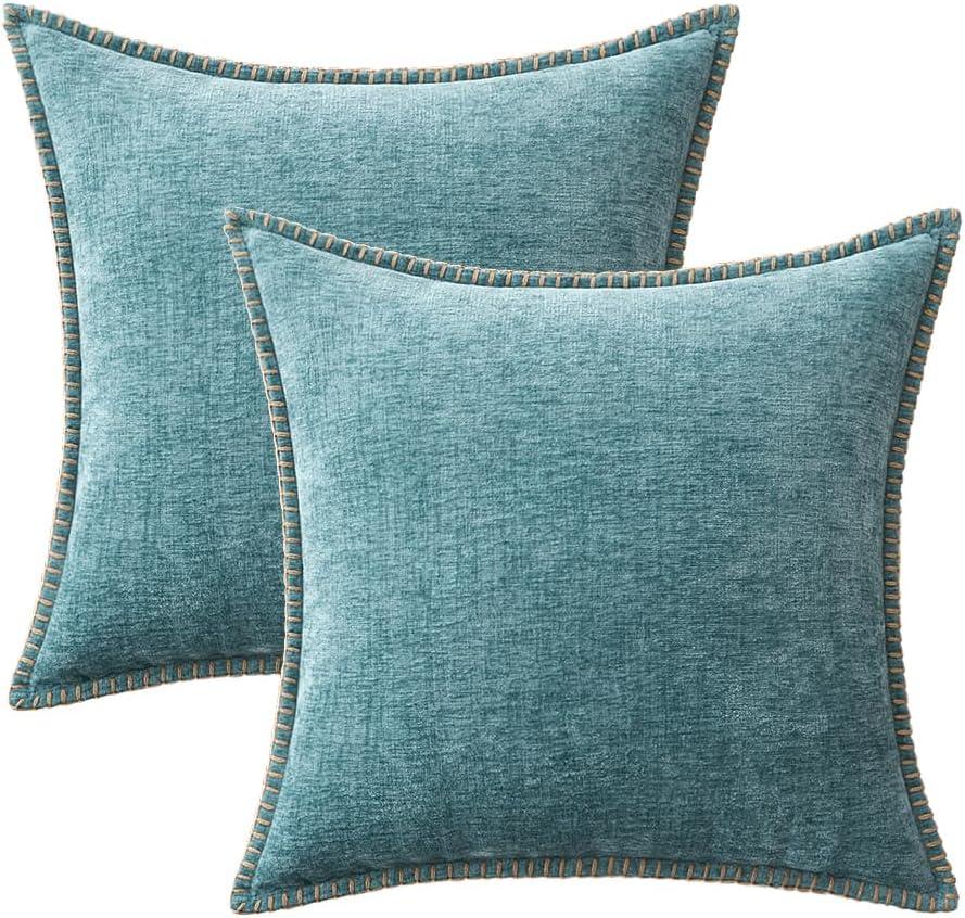 imageMIULEE Pack of 2 Couch Throw Pillow Covers 18x18 Inch Coastal Aqua Blue Farmhouse Decorative Pillow Covers with Stitched Edge Soft Chenille Solid Dyed Spring Pillow Covers for Sofa Bed Living RoomSmoke Blue