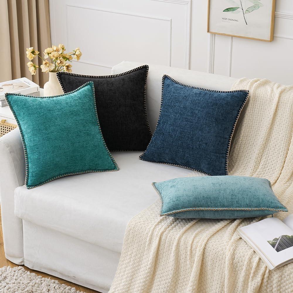 imageMIULEE Pack of 2 Couch Throw Pillow Covers 18x18 Inch Coastal Aqua Blue Farmhouse Decorative Pillow Covers with Stitched Edge Soft Chenille Solid Dyed Spring Pillow Covers for Sofa Bed Living RoomDark Blue