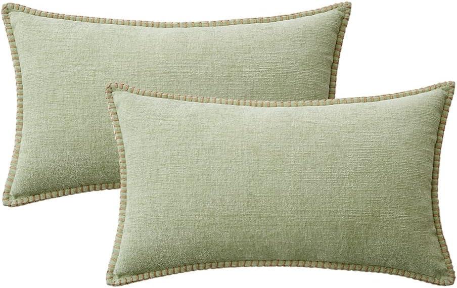 imageMIULEE Pack of 2 Couch Throw Pillow Covers 18x18 Inch Coastal Aqua Blue Farmhouse Decorative Pillow Covers with Stitched Edge Soft Chenille Solid Dyed Spring Pillow Covers for Sofa Bed Living RoomLight Green