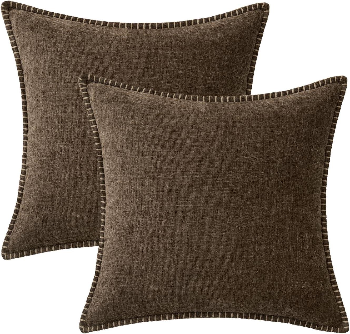 imageMIULEE Pack of 2 Couch Throw Pillow Covers 18x18 Inch Coastal Aqua Blue Farmhouse Decorative Pillow Covers with Stitched Edge Soft Chenille Solid Dyed Spring Pillow Covers for Sofa Bed Living RoomBrown