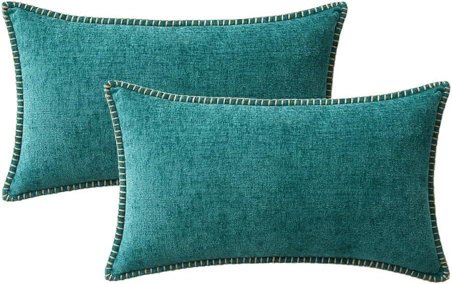 imageMIULEE Pack of 2 Couch Throw Pillow Covers 18x18 Inch Coastal Aqua Blue Farmhouse Decorative Pillow Covers with Stitched Edge Soft Chenille Solid Dyed Spring Pillow Covers for Sofa Bed Living RoomTeal