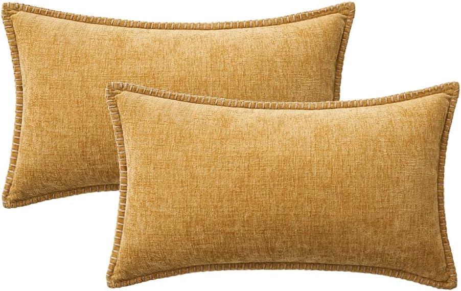 imageMIULEE Pack of 2 Couch Throw Pillow Covers 18x18 Inch Coastal Aqua Blue Farmhouse Decorative Pillow Covers with Stitched Edge Soft Chenille Solid Dyed Spring Pillow Covers for Sofa Bed Living RoomGold