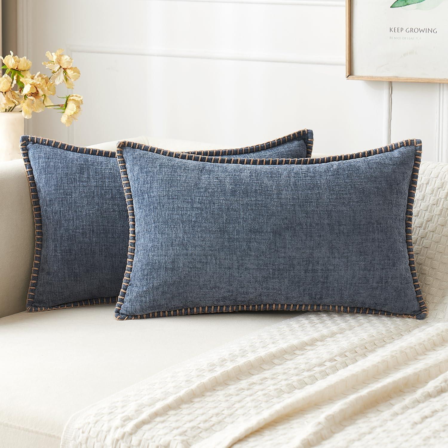 imageMIULEE Pack of 2 Couch Throw Pillow Covers 18x18 Inch Coastal Aqua Blue Farmhouse Decorative Pillow Covers with Stitched Edge Soft Chenille Solid Dyed Spring Pillow Covers for Sofa Bed Living RoomDark Grey Blue
