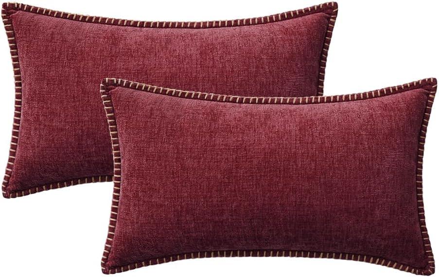 imageMIULEE Pack of 2 Couch Throw Pillow Covers 18x18 Inch Coastal Aqua Blue Farmhouse Decorative Pillow Covers with Stitched Edge Soft Chenille Solid Dyed Spring Pillow Covers for Sofa Bed Living RoomBurgundy Red