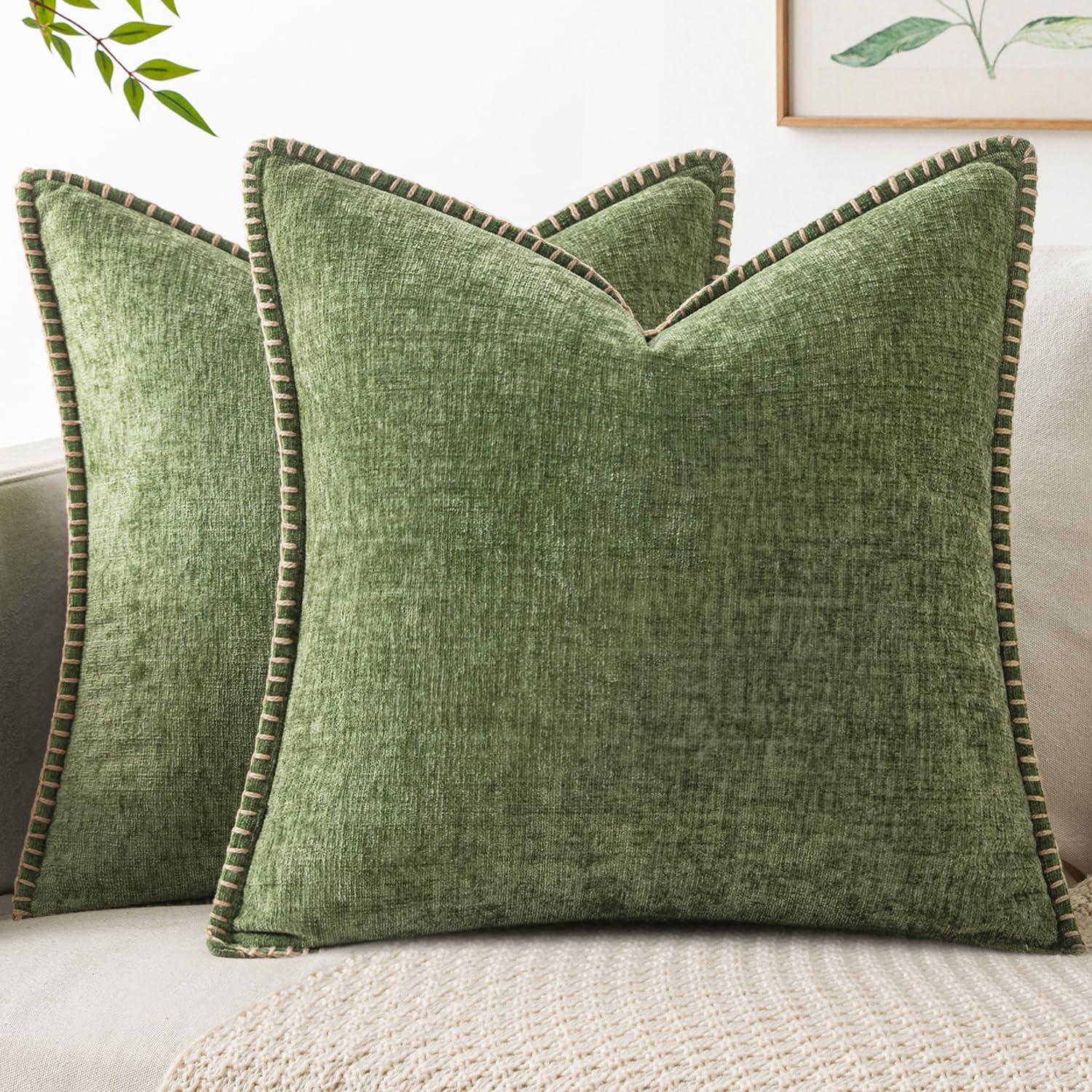 imageMIULEE Pack of 2 Couch Throw Pillow Covers 18x18 Inch Coastal Aqua Blue Farmhouse Decorative Pillow Covers with Stitched Edge Soft Chenille Solid Dyed Spring Pillow Covers for Sofa Bed Living RoomSage Green