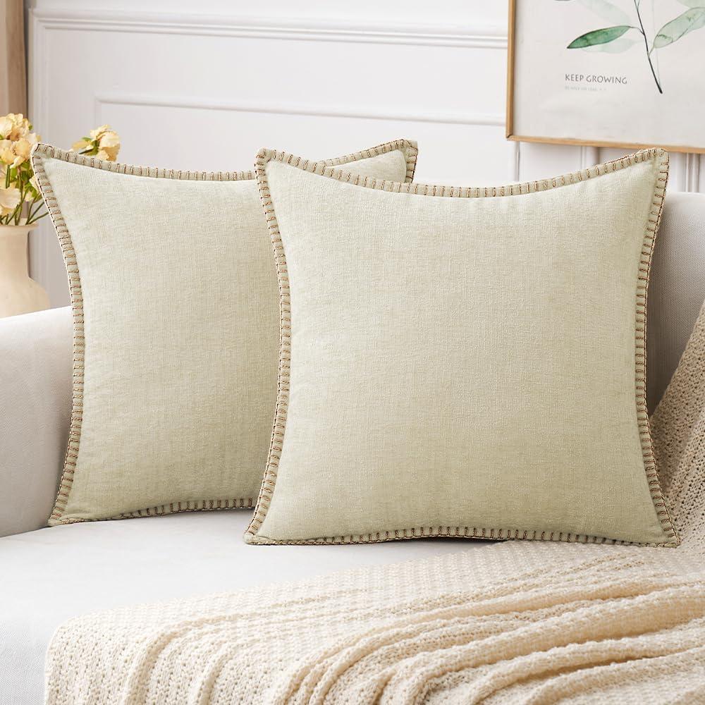 imageMIULEE Pack of 2 Couch Throw Pillow Covers 18x18 Inch Coastal Aqua Blue Farmhouse Decorative Pillow Covers with Stitched Edge Soft Chenille Solid Dyed Spring Pillow Covers for Sofa Bed Living RoomCream White