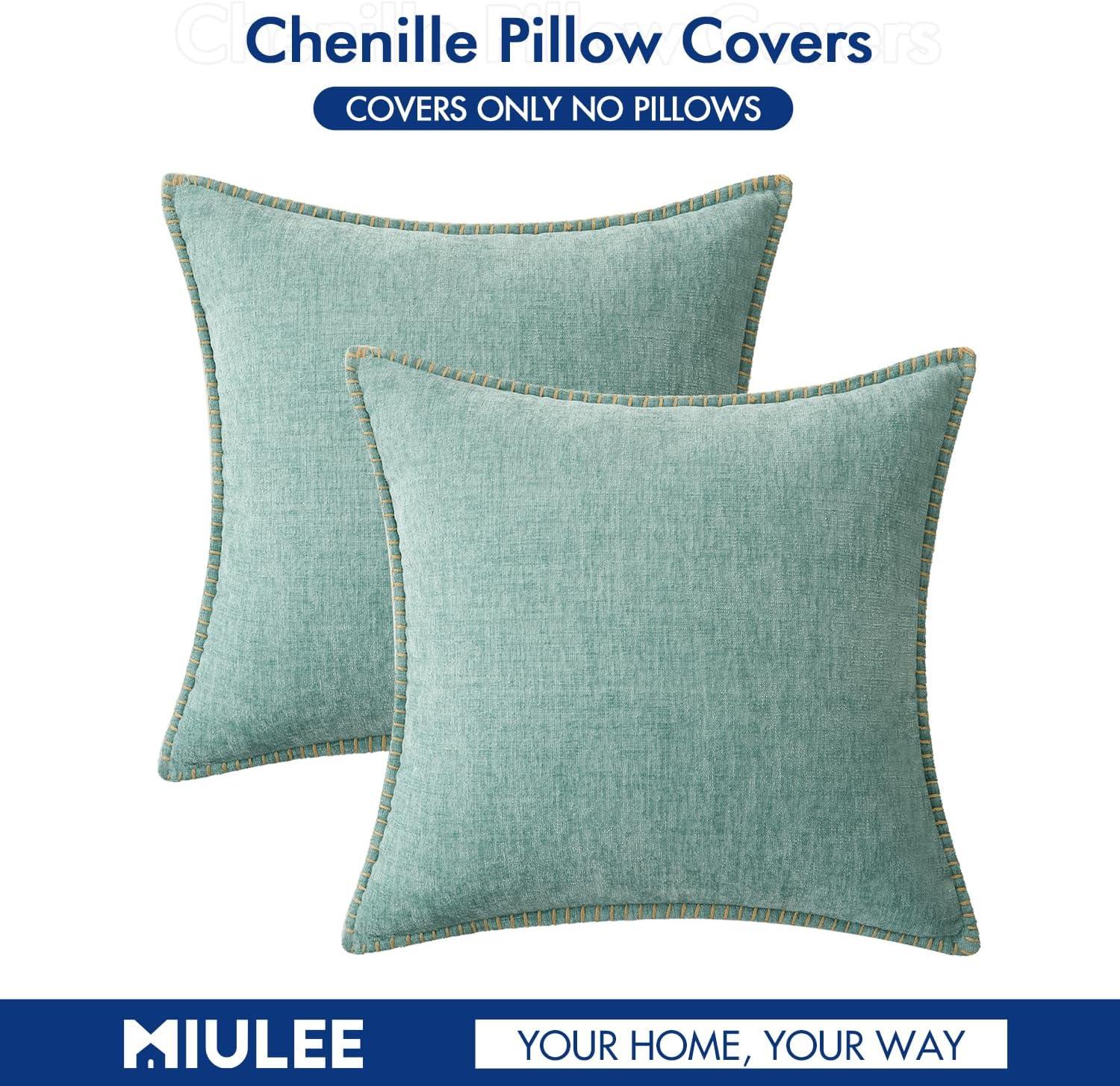 imageMIULEE Pack of 2 Couch Throw Pillow Covers 18x18 Inch Coastal Aqua Blue Farmhouse Decorative Pillow Covers with Stitched Edge Soft Chenille Solid Dyed Spring Pillow Covers for Sofa Bed Living RoomAqua Blue
