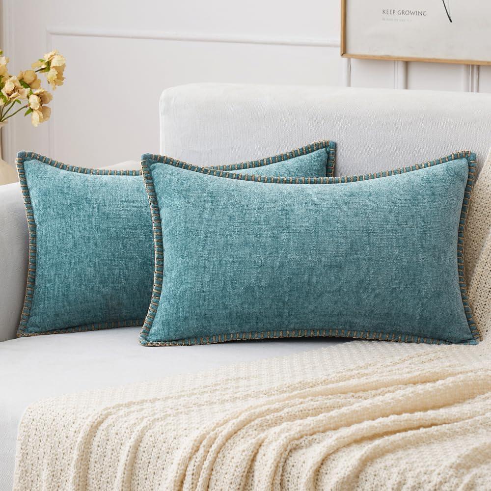 imageMIULEE Pack of 2 Couch Throw Pillow Covers 18x18 Inch Coastal Aqua Blue Farmhouse Decorative Pillow Covers with Stitched Edge Soft Chenille Solid Dyed Spring Pillow Covers for Sofa Bed Living RoomSmoke Blue