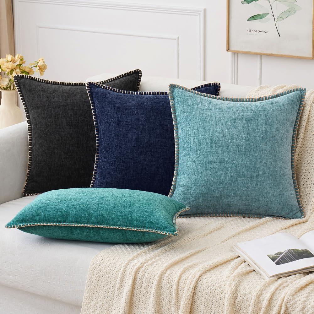 imageMIULEE Pack of 2 Couch Throw Pillow Covers 18x18 Inch Coastal Aqua Blue Farmhouse Decorative Pillow Covers with Stitched Edge Soft Chenille Solid Dyed Spring Pillow Covers for Sofa Bed Living RoomNavy Blue