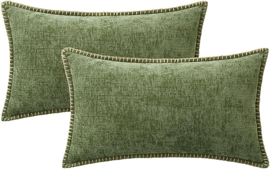 imageMIULEE Pack of 2 Couch Throw Pillow Covers 18x18 Inch Coastal Aqua Blue Farmhouse Decorative Pillow Covers with Stitched Edge Soft Chenille Solid Dyed Spring Pillow Covers for Sofa Bed Living RoomSage Green