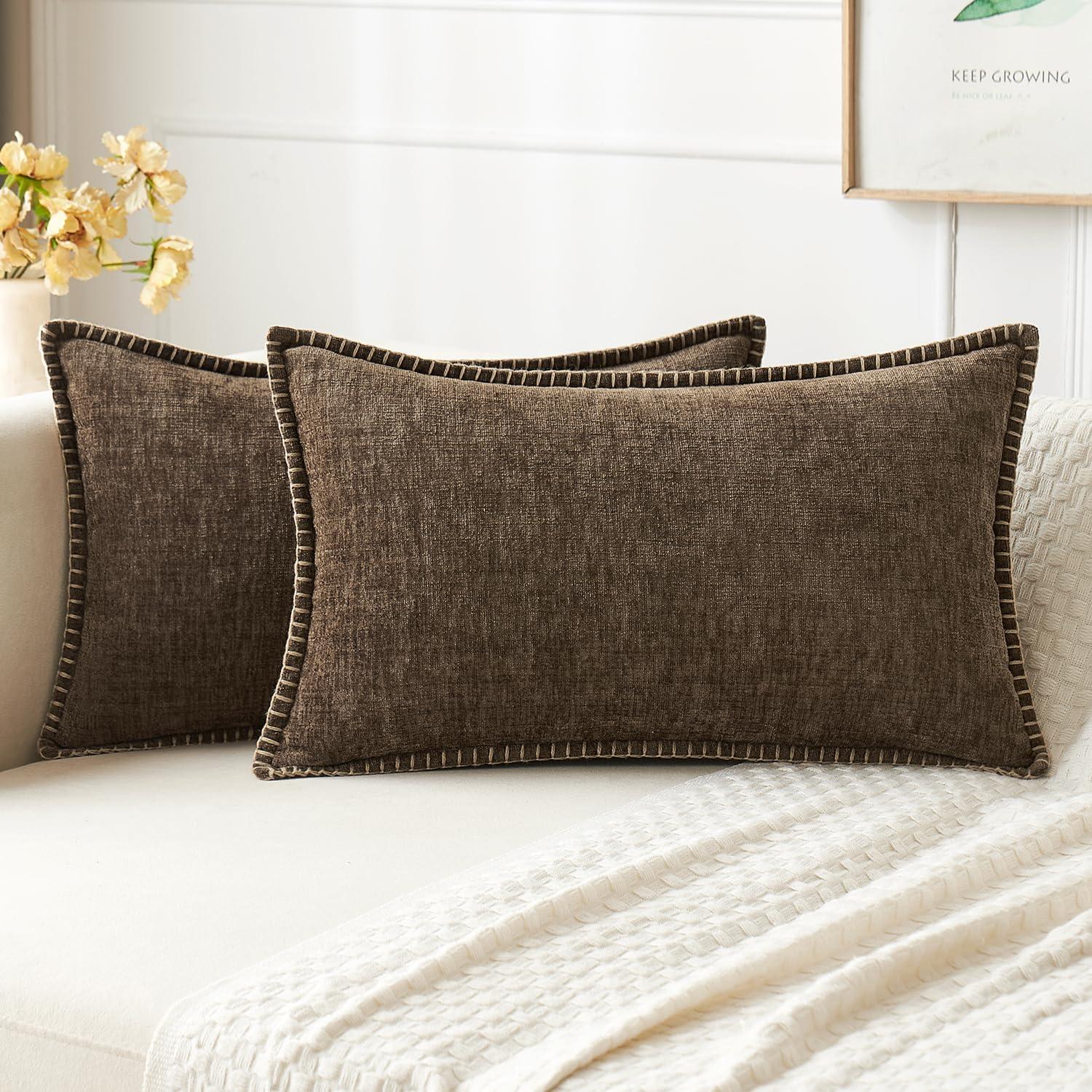 imageMIULEE Pack of 2 Couch Throw Pillow Covers 18x18 Inch Coastal Aqua Blue Farmhouse Decorative Pillow Covers with Stitched Edge Soft Chenille Solid Dyed Spring Pillow Covers for Sofa Bed Living RoomBrown