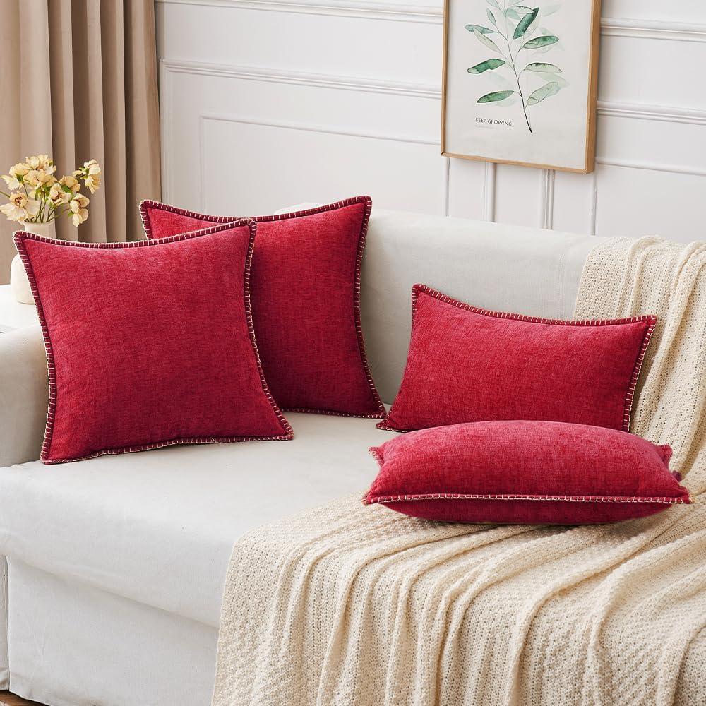 imageMIULEE Pack of 2 Couch Throw Pillow Covers 18x18 Inch Coastal Aqua Blue Farmhouse Decorative Pillow Covers with Stitched Edge Soft Chenille Solid Dyed Spring Pillow Covers for Sofa Bed Living RoomRed