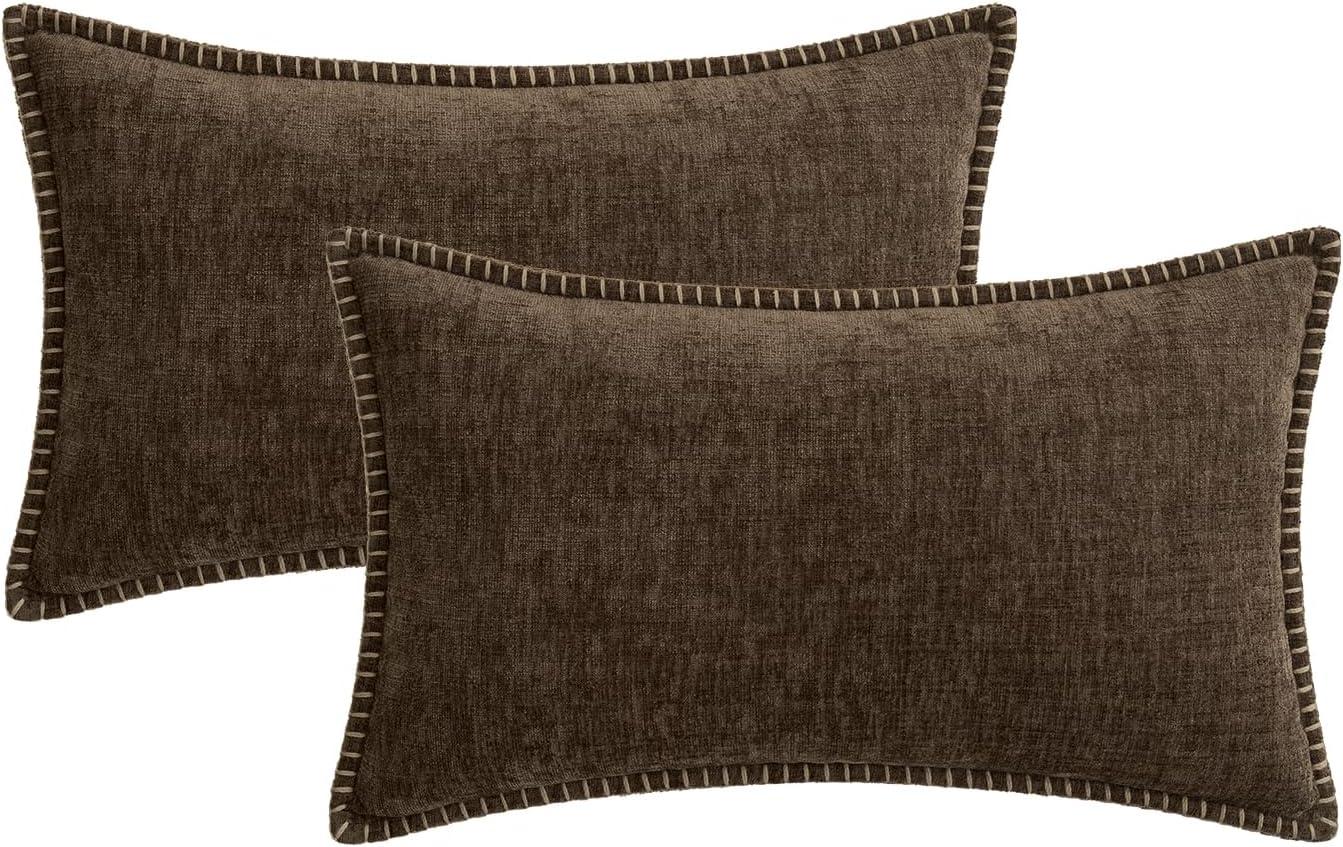 imageMIULEE Pack of 2 Couch Throw Pillow Covers 18x18 Inch Coastal Aqua Blue Farmhouse Decorative Pillow Covers with Stitched Edge Soft Chenille Solid Dyed Spring Pillow Covers for Sofa Bed Living RoomBrown