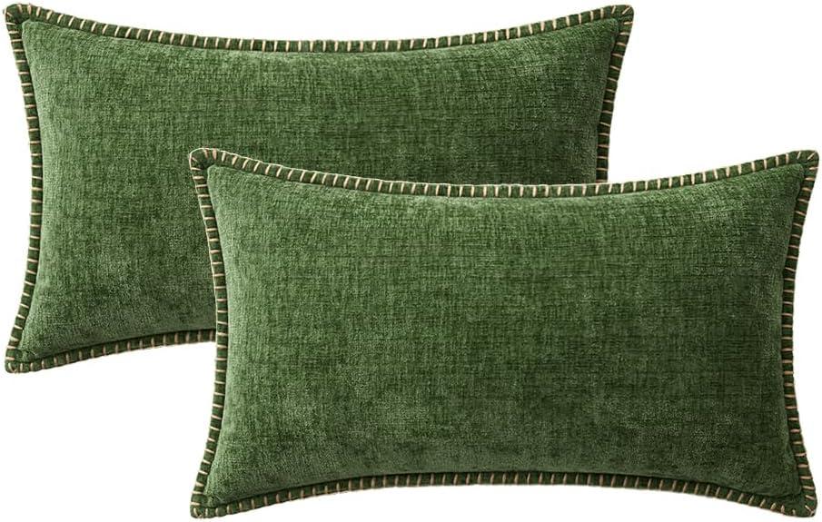 imageMIULEE Pack of 2 Couch Throw Pillow Covers 18x18 Inch Coastal Aqua Blue Farmhouse Decorative Pillow Covers with Stitched Edge Soft Chenille Solid Dyed Spring Pillow Covers for Sofa Bed Living RoomMoss Green