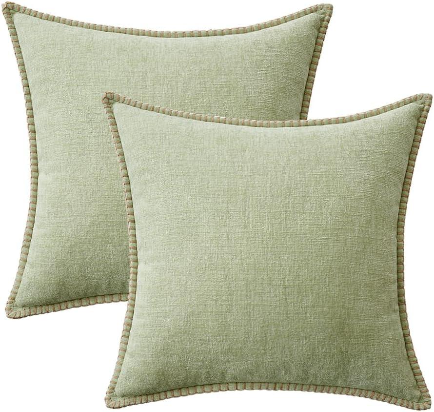 imageMIULEE Pack of 2 Couch Throw Pillow Covers 18x18 Inch Coastal Aqua Blue Farmhouse Decorative Pillow Covers with Stitched Edge Soft Chenille Solid Dyed Spring Pillow Covers for Sofa Bed Living RoomLight Green