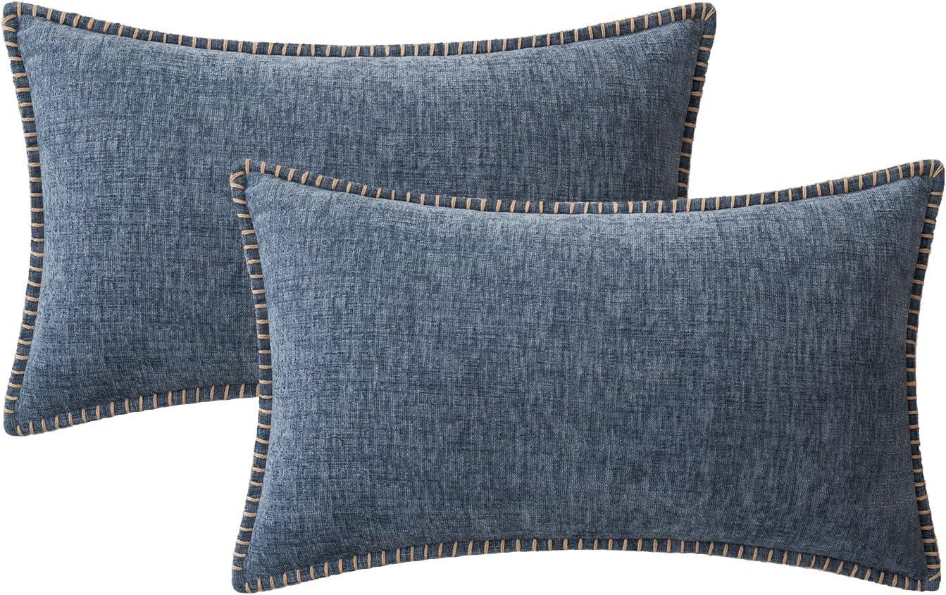 imageMIULEE Pack of 2 Couch Throw Pillow Covers 18x18 Inch Coastal Aqua Blue Farmhouse Decorative Pillow Covers with Stitched Edge Soft Chenille Solid Dyed Spring Pillow Covers for Sofa Bed Living RoomDark Grey Blue