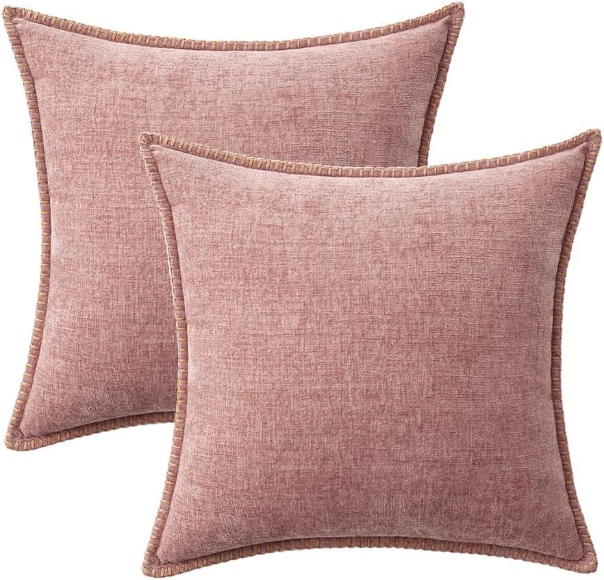 imageMIULEE Pack of 2 Couch Throw Pillow Covers 18x18 Inch Coastal Aqua Blue Farmhouse Decorative Pillow Covers with Stitched Edge Soft Chenille Solid Dyed Spring Pillow Covers for Sofa Bed Living RoomBlush Pink