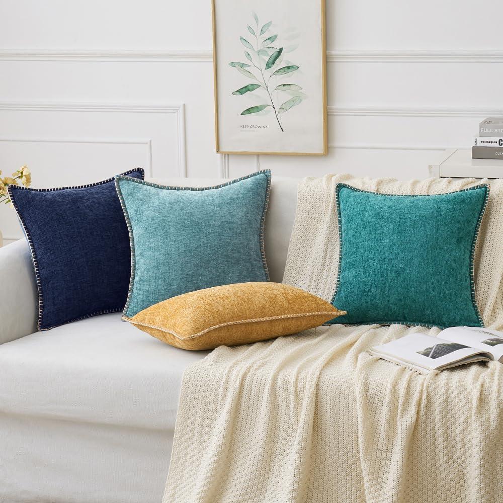 imageMIULEE Pack of 2 Couch Throw Pillow Covers 18x18 Inch Coastal Aqua Blue Farmhouse Decorative Pillow Covers with Stitched Edge Soft Chenille Solid Dyed Spring Pillow Covers for Sofa Bed Living RoomNavy Blue